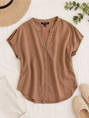 Renaur linen blend Button Front Blouse Tan NWT